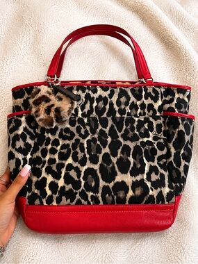 Coach Leopard-Print Canvas Tote with Red Leather Accents